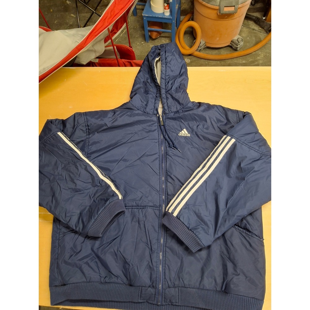 Vintage Adidas Puffer Jacket Mens XL Navy Blue Fleece Lined Hooded Parka 90s